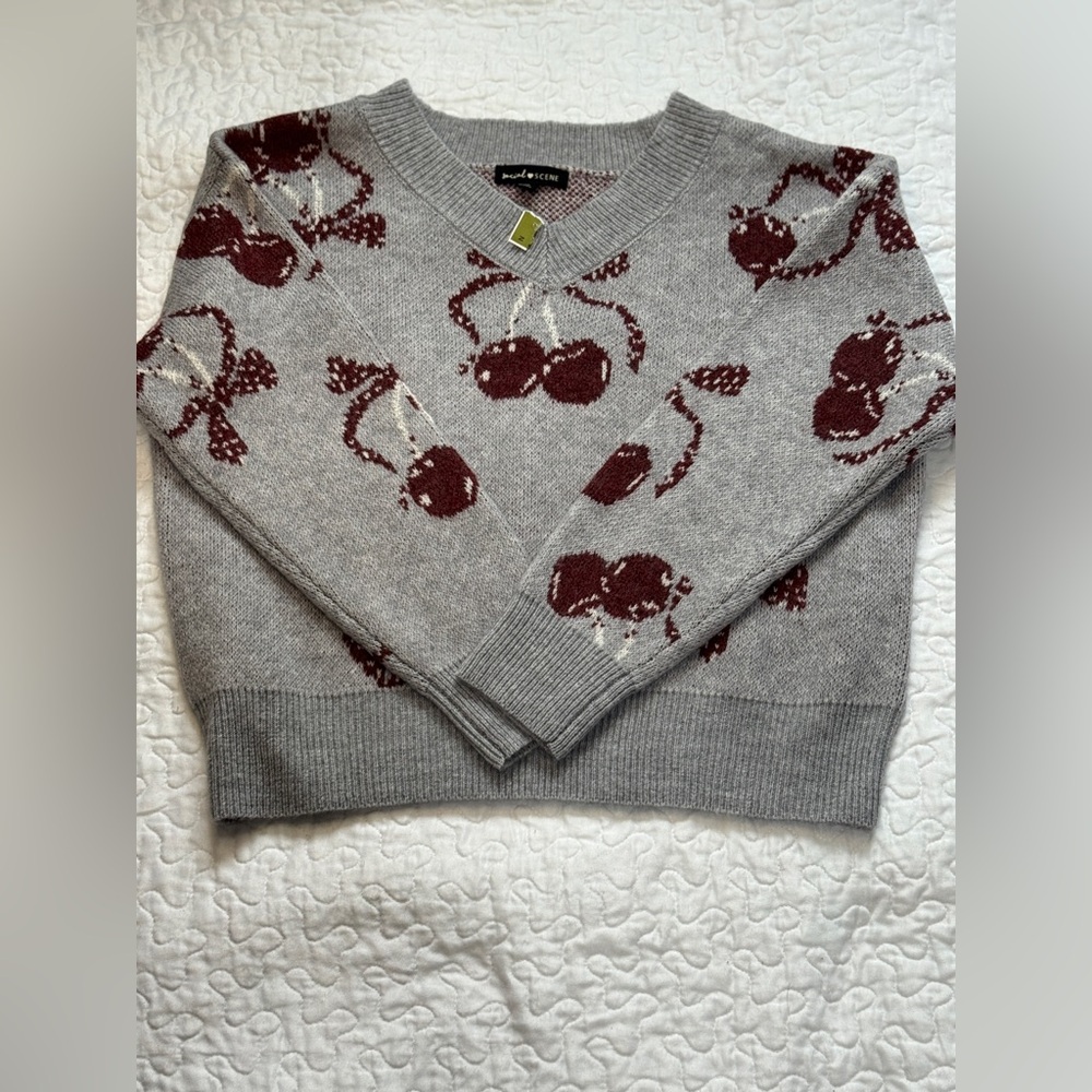 Social Scene Gray Cherry Bow Women’s Sweater NWT